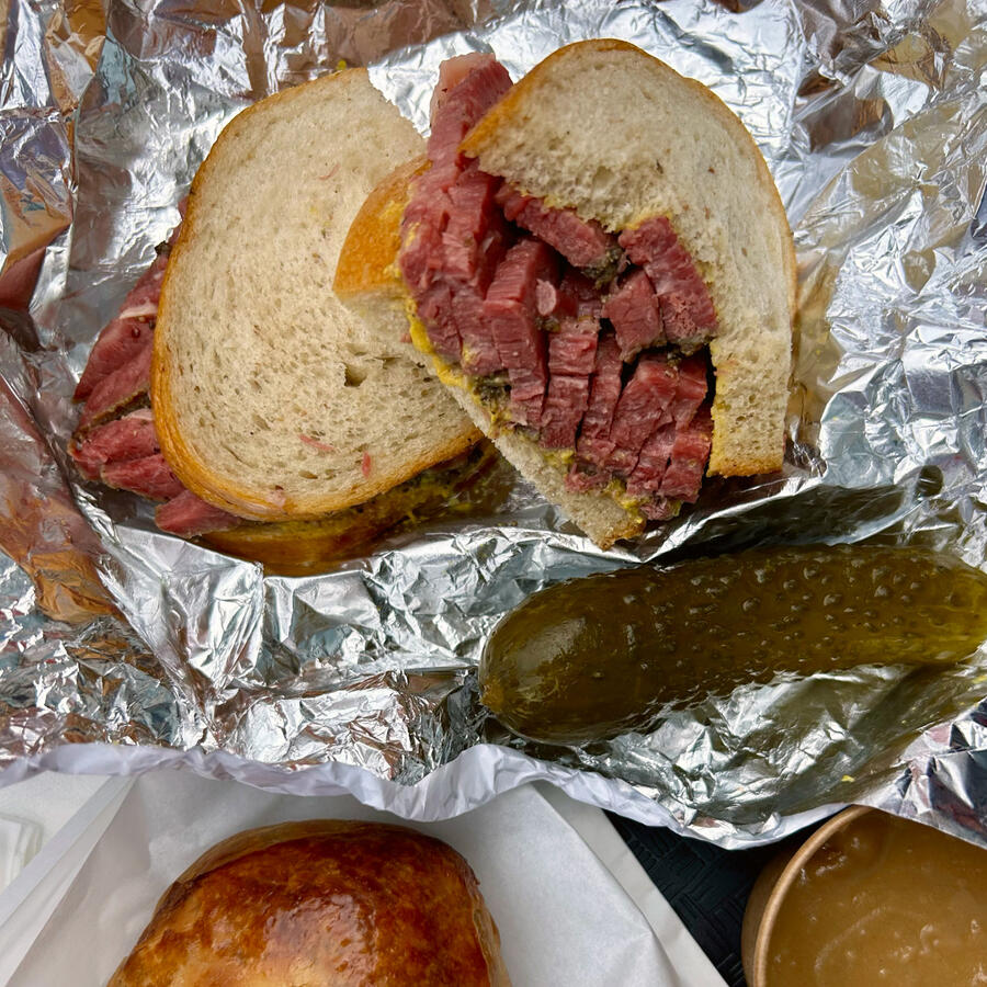 Pastrami sandwich + potato knish with gravy • Linny’s Luncheonette