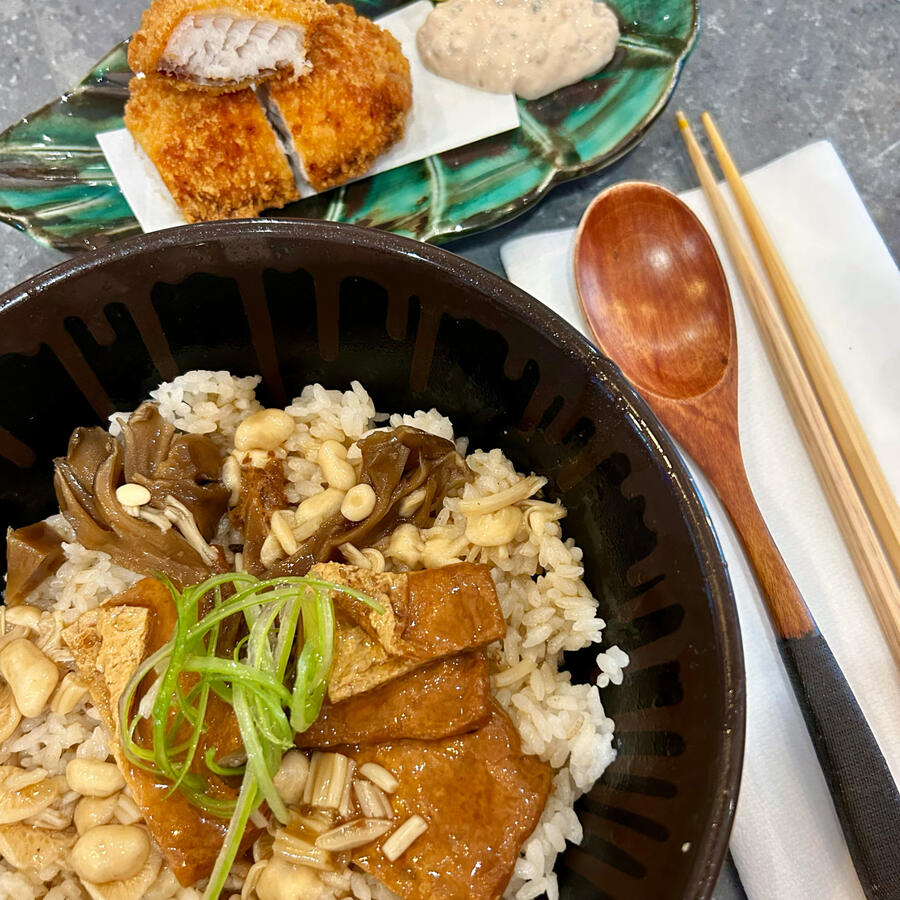 Mushroom & inari donburi with whitefish katsu • Affinity Fish